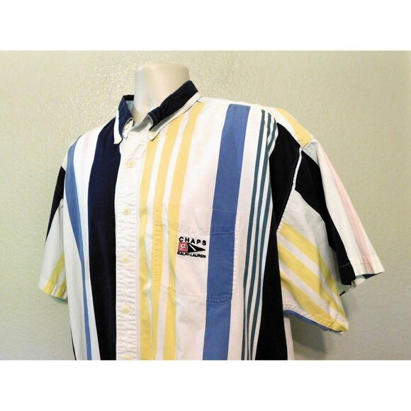 Chaps Ralph Lauren Shirt XL Multicolor Stripe Short Sleeve Button-Up 100% Cotton - Picture 2 of 6